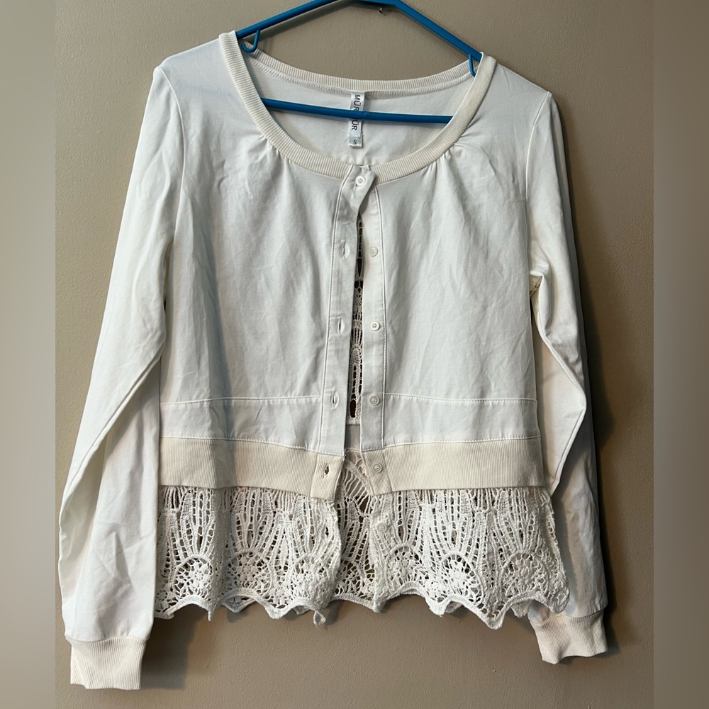 Mur Mur size small button down cardigan, long sleeves. Crocheted back and hem.